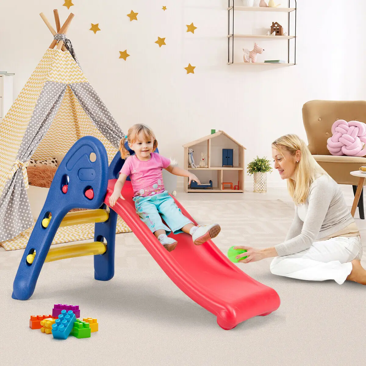 2 Step Children Folding Slide Plastic Fun Toy Up-down For Kids Indoor & Outdoor  TY570424