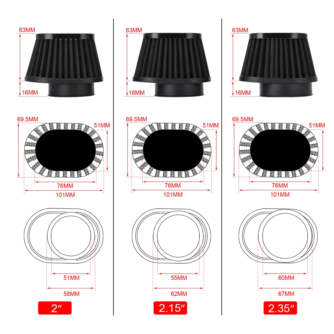 Pod Air Filter Intake Cleaner  50mm 51mm 54mm 55mm 60mm Oval Round Tapered Cone Clamp-On For Car Motorcycle PQY-AIT320/322/324