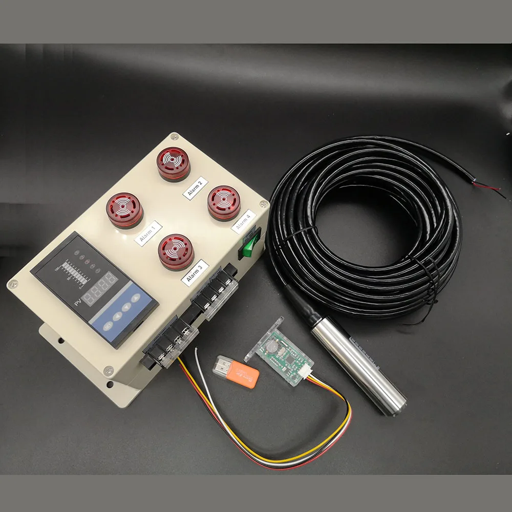 

Liquid level recorder with 4 alarm buzzer with liquid water level sensor 1m - 5m water level alarm device with data logger