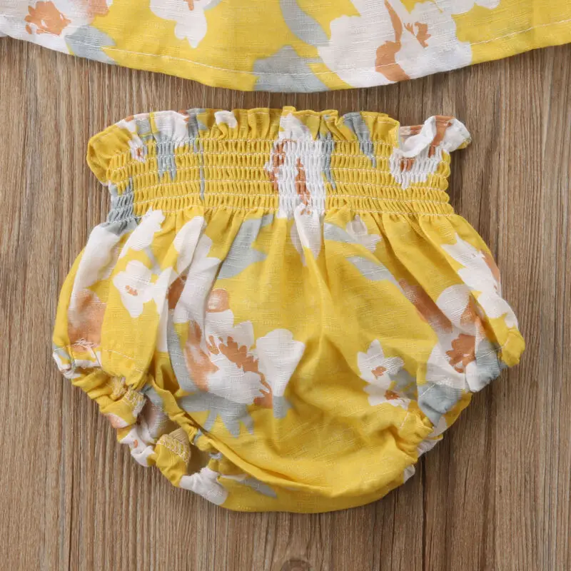 0-2T Baby Girl Floral Tops Newborn Yellow Floral Dress+Shorts Pants Girls Sleeveless Clothes 3PCS Set  Summer Outfits