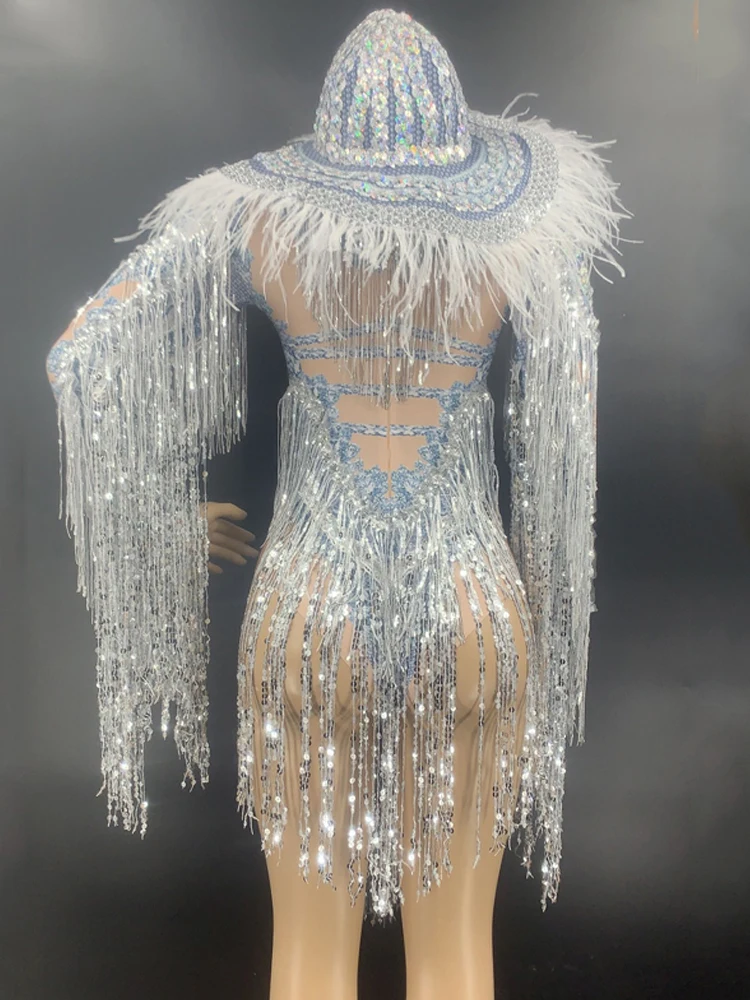 Shining Sequin Fringe Bodysuit Women Singer Clothes Long Sleeve Rave Feather Hat Prom Nightclub Dj Gogos Dance Stage Costume