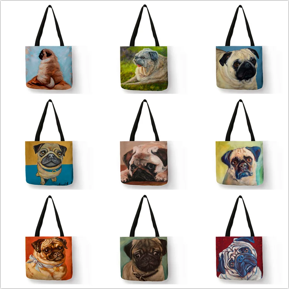 Cute Pug Dog Print Reusable Shopping Bags Practical Eco Linen Foldable Handbag Outdoor Storage Totes for Women