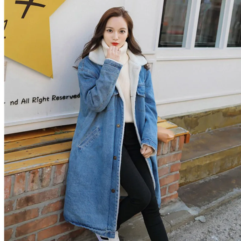 

2023 New Fashion Womens Femmes Long Coats Denim Overcoat Single Breasted Warm Fur Lining Loose Fit BF Style Female Casaco Top