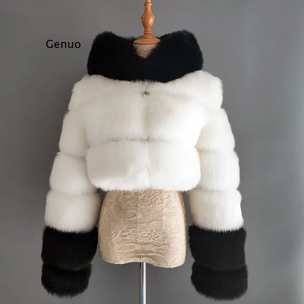 Winter Women High Quality Fluffy Faux Fur Coat Women's Winter Coat with Hat Fox Fur Stitching Color Matching Fur Coat