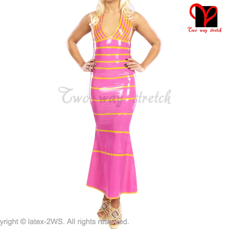 

Sexy Pink Latex Gown Rubber Swing Dress Floor Length Long Playsuit Bodycon V Neck Gummi Fishtail Plunging Plus Xxxl Qz-025