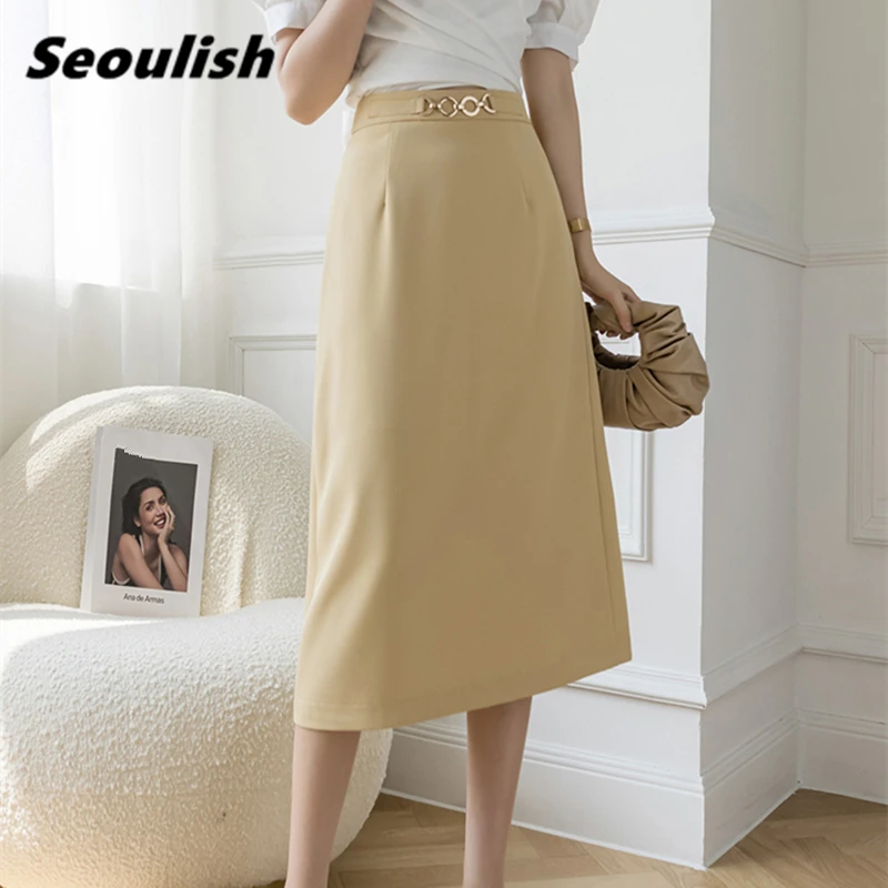 Seoulish 2021 New Spring Work Wear Women's Umbrella Long Skirts Sequined Sashes Korean OL Style High Waist A-Line Skirts Female