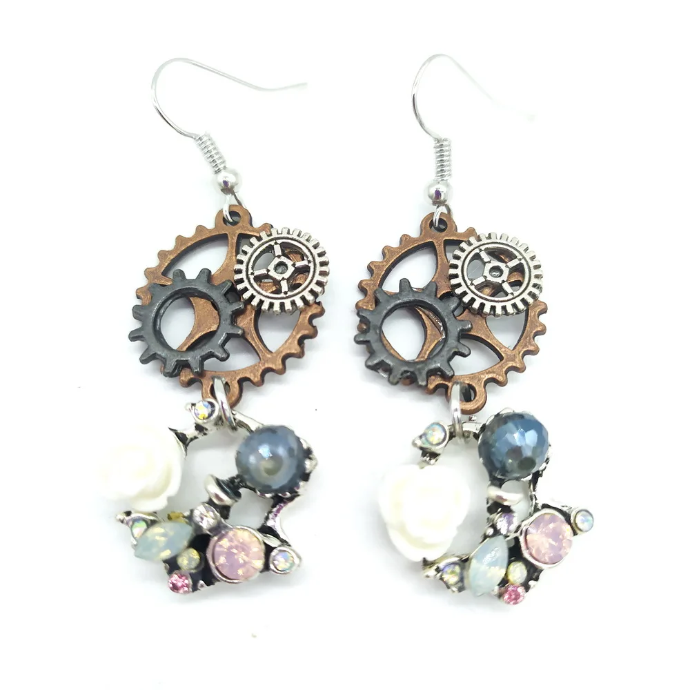 2020 New Original Design Mixture Gears with Floral Hoop Women`s Steampunk Earring