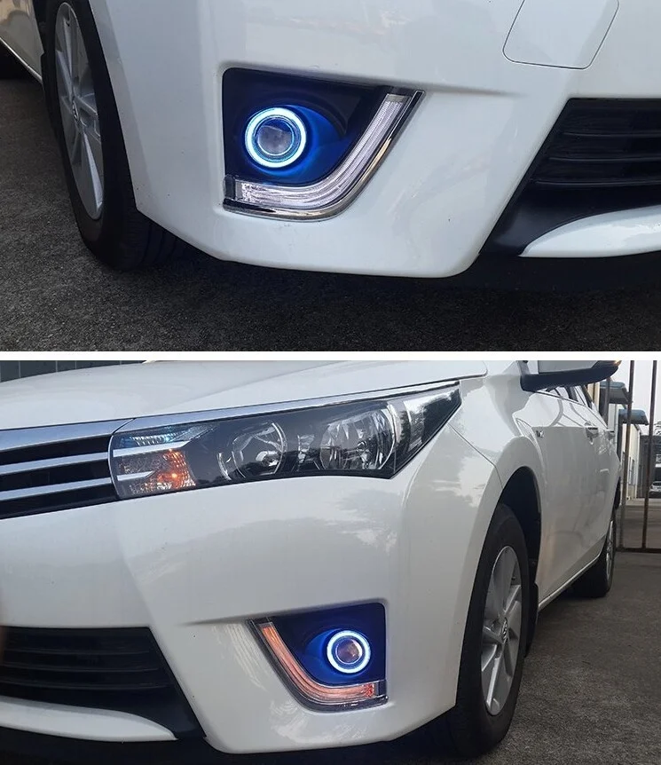 Luz LED blanca DRL + amarilla de giro + Ojo de Ángel COB (6 colores) + lámpara antiniebla halógena (lente del proyector) para toyota corolla 2014