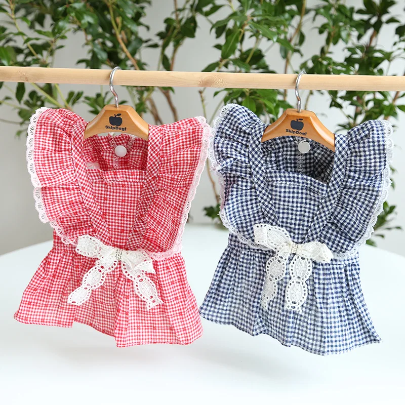 

Ruffle Sleeve Lace Grid Skirt Dog Dress Pet Products Summer Cotton Clothing For Dogs Cats Rabbit Chihuahua Teddy Dog Clothes