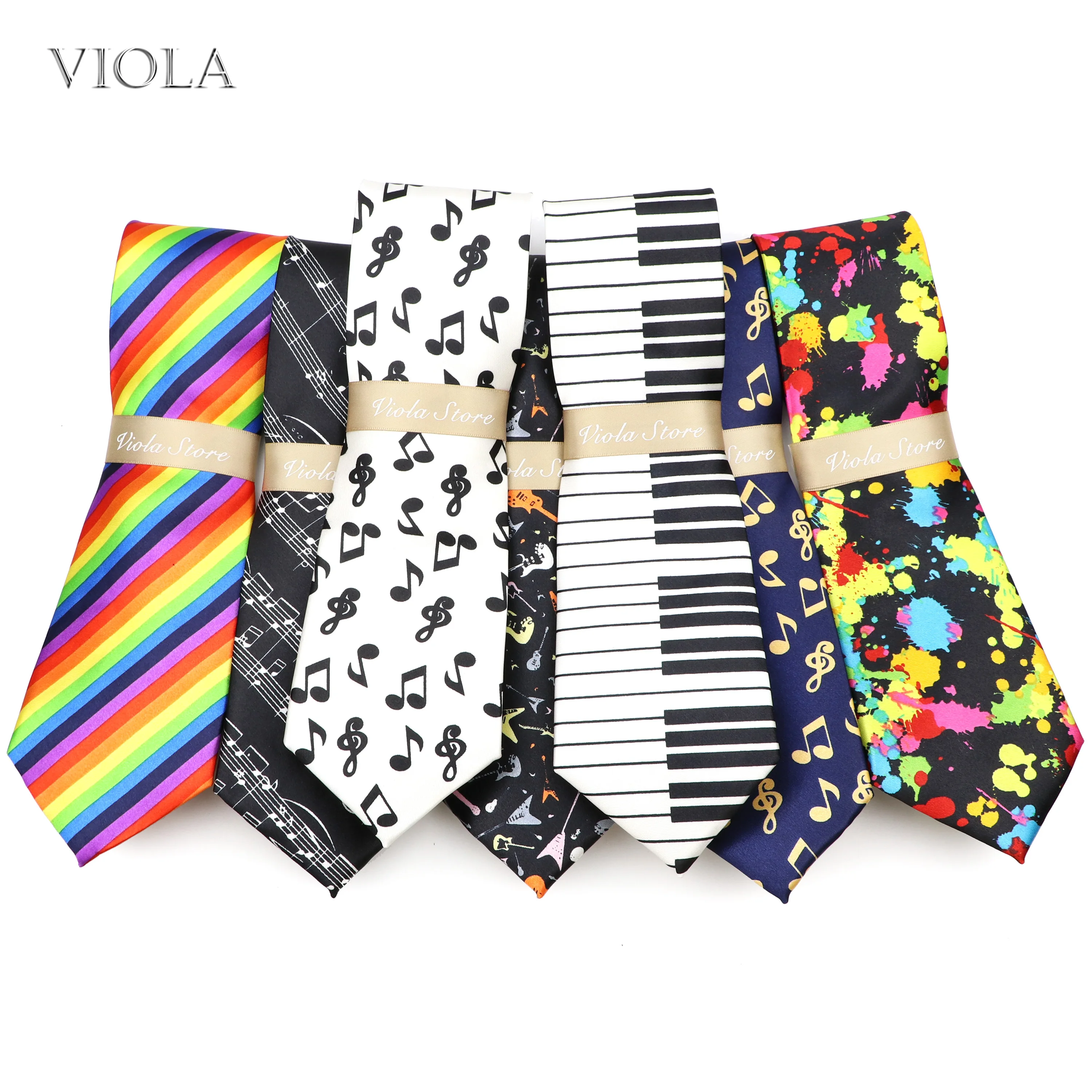 

Smooth Soft Men's Tie 8cm Music Notes Guitar Rainbow Striped Print Polyester Necktie Tuxedo Banquet Suit Party Gift Accessories