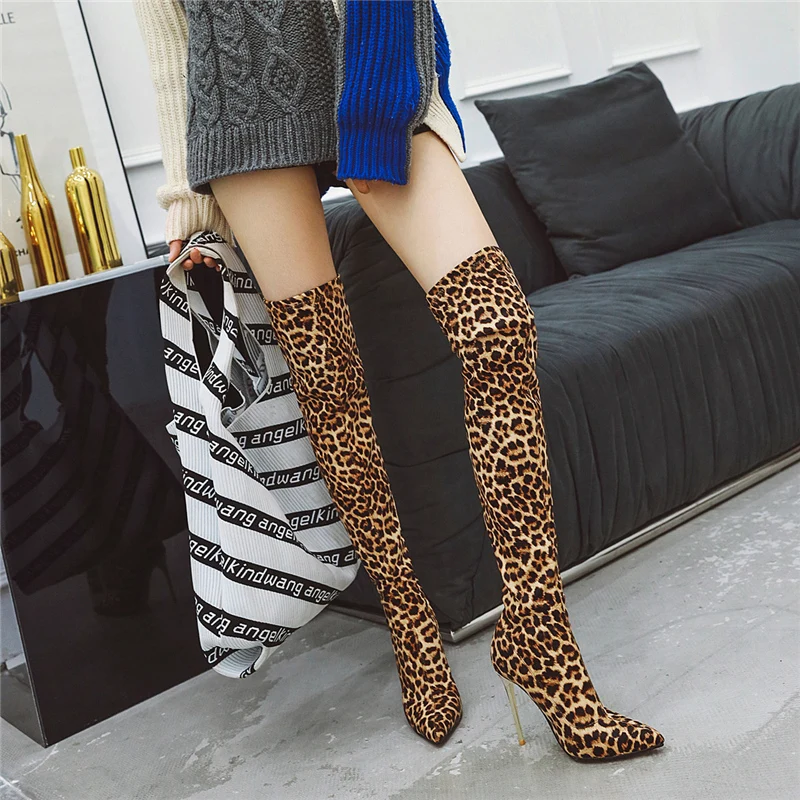 2023 Women Over The Knee Sock Boots 10cm High Heels Long Winter Stretch Leopard Snow Boots Lady Thigh Stripper Fetish Shoes