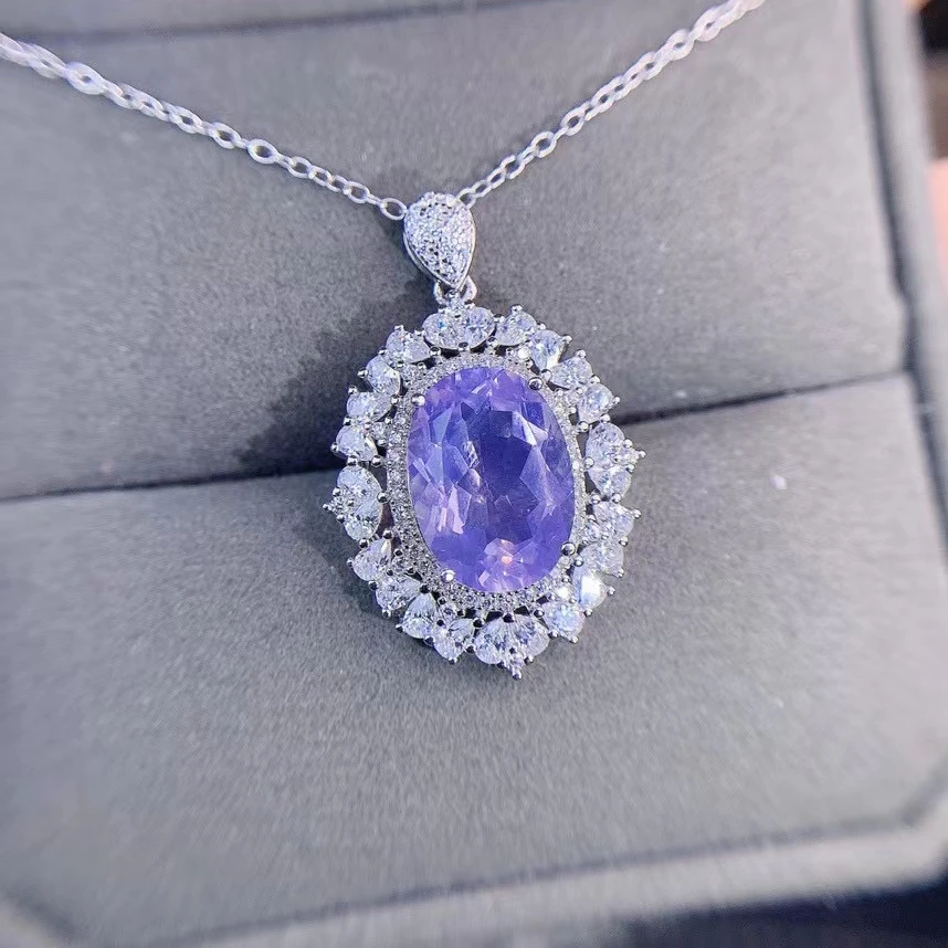 

Silver Lavender Amethyst Pendant Natural Lavender Engagement Wedding Halo CZ Necklace For Women Gift