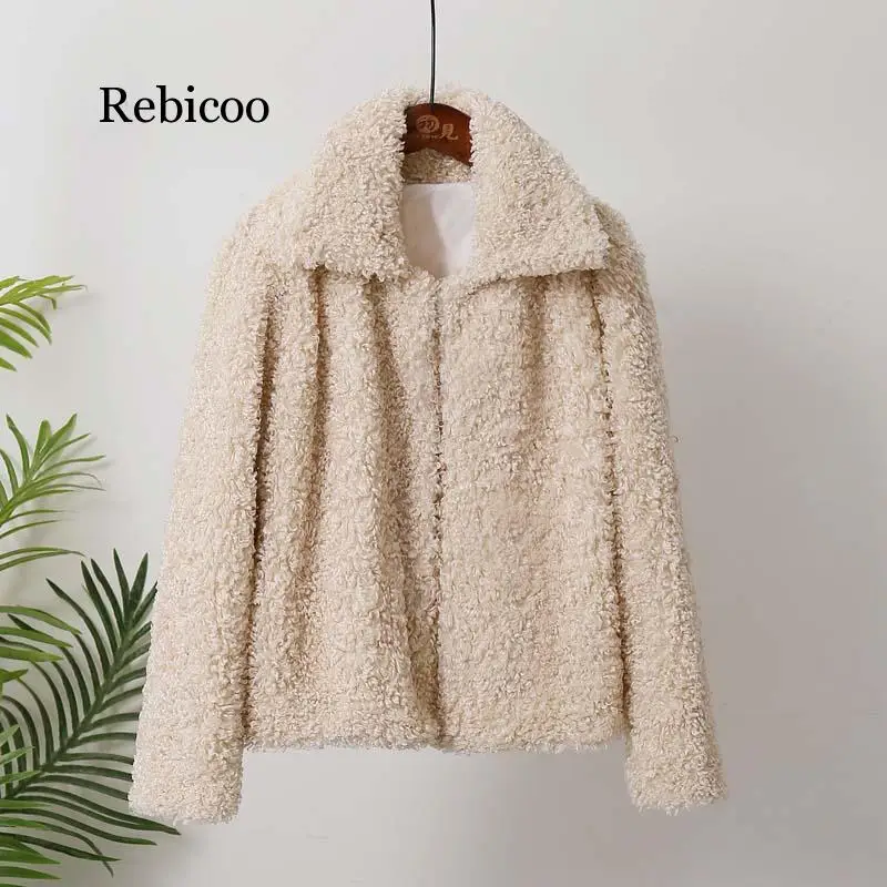 Curly Lamb Faux Fur Jacket Coat Women Turn Down Collar Furry Fake Fur Jacket for Women  Winter Warm Fluffy Jackets Outerwear