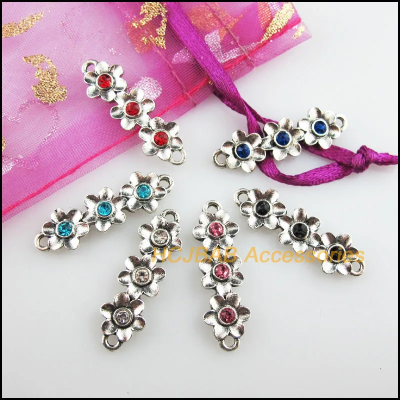 12 New 3-Flower Charms Tibetan Silver Color Crystal Mixed Connectors 8.5x28mm