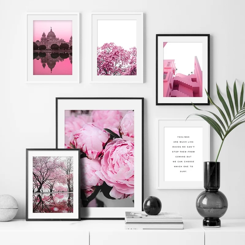 

Pink Forest Flower Old Building Wall Art Canvas Painting Nordic Posters And Prints Landscape Wall Pictures For Living Room Decor
