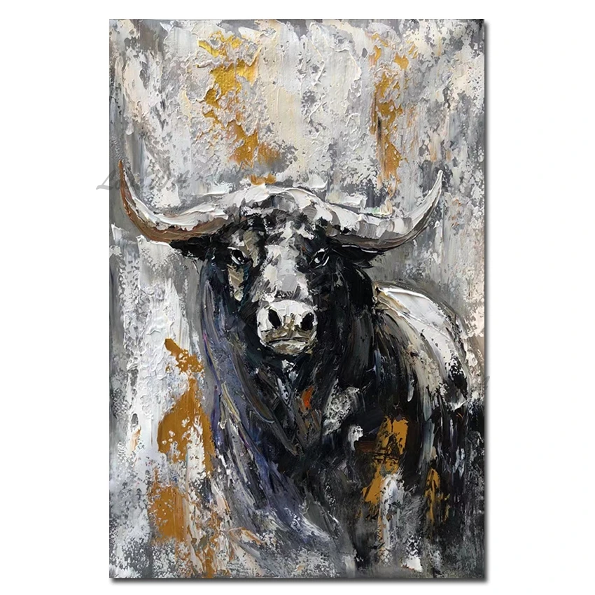 

Handmade Modern Hotel Hall Wall Decorative Abstract Animal Oil Painting Cow Bullfight Canvas Picture Paintings Wall Art For Home