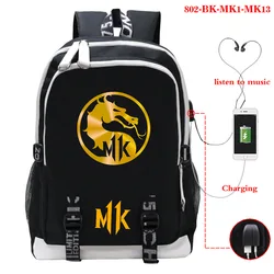 Mortal Kombat plecaki dla dziewcząt chłopcy nastolatki USB Charge Travel plecak studenci Cartoon Anime tornister książka dla dzieci torby Mochila