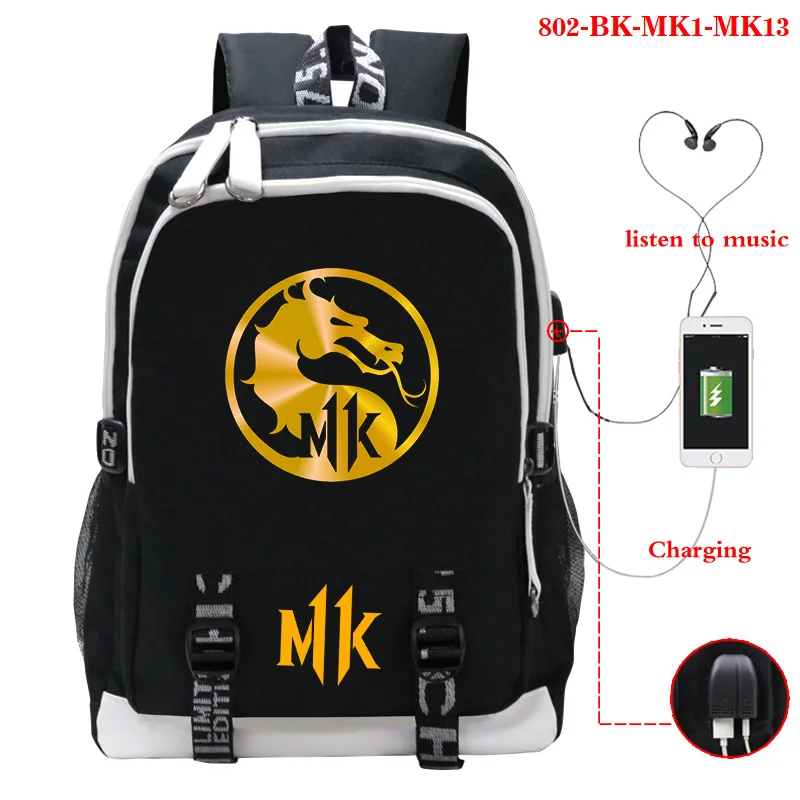 Mortal Kombat Backpacks for Girls Boys Teens USB Charge Travel Knapsack Students Cartoon Anime Schoolbag Kids Book Bags Mochila