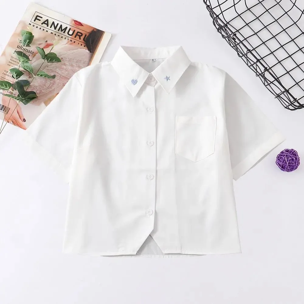 Japanese School Uniform For Girls Short Sleeve White Shirt School Dress Jk Sailor Suit Tops Star Embroidery Cute Work Uniforms