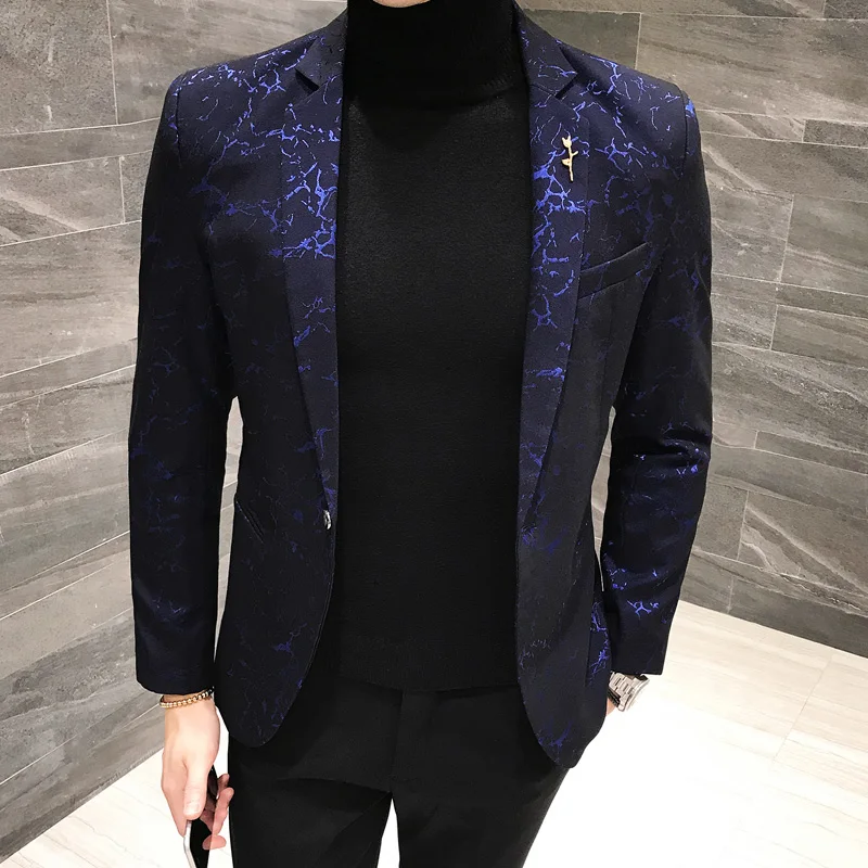 Luxury Party Prom Blazer Autumn Men Shinny Yarn Wine Red Blue Black Blazer Jacket Men Slim Fit Business Dress Suit Coat Jackets