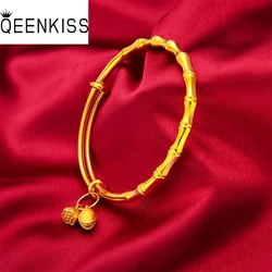 QEENKISS BT5169 Fine Jewelry Wholesale Fashion Woman Girl Birthday Wedding Gift Bamboo Joint 24KT Gold Resizable Bracelet Bangle