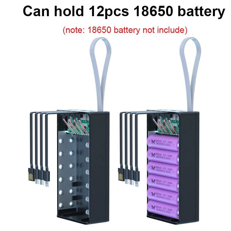 DIY Power Bank Shell Box com Construído no Tipo C Cabo Micro USB, Carga Rápida, Titular Caso da Bateria, Caixa de carregamento, 12*18650