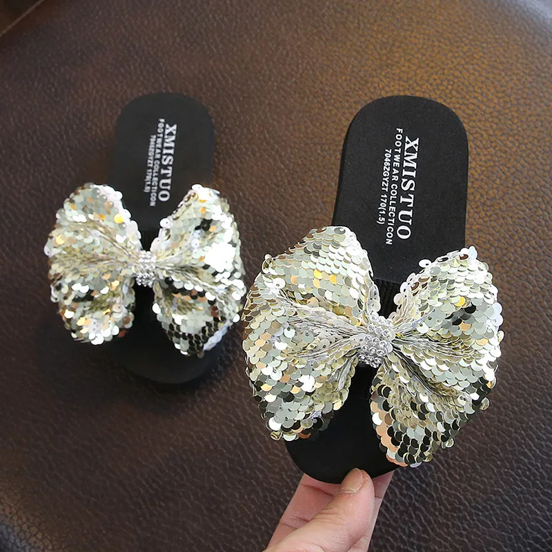 Fashion Sequin Bow Girl Slippers Princess Shoes Children Beach Slipper Girl Sandals Flats Non-slip Soft Kids Slippers