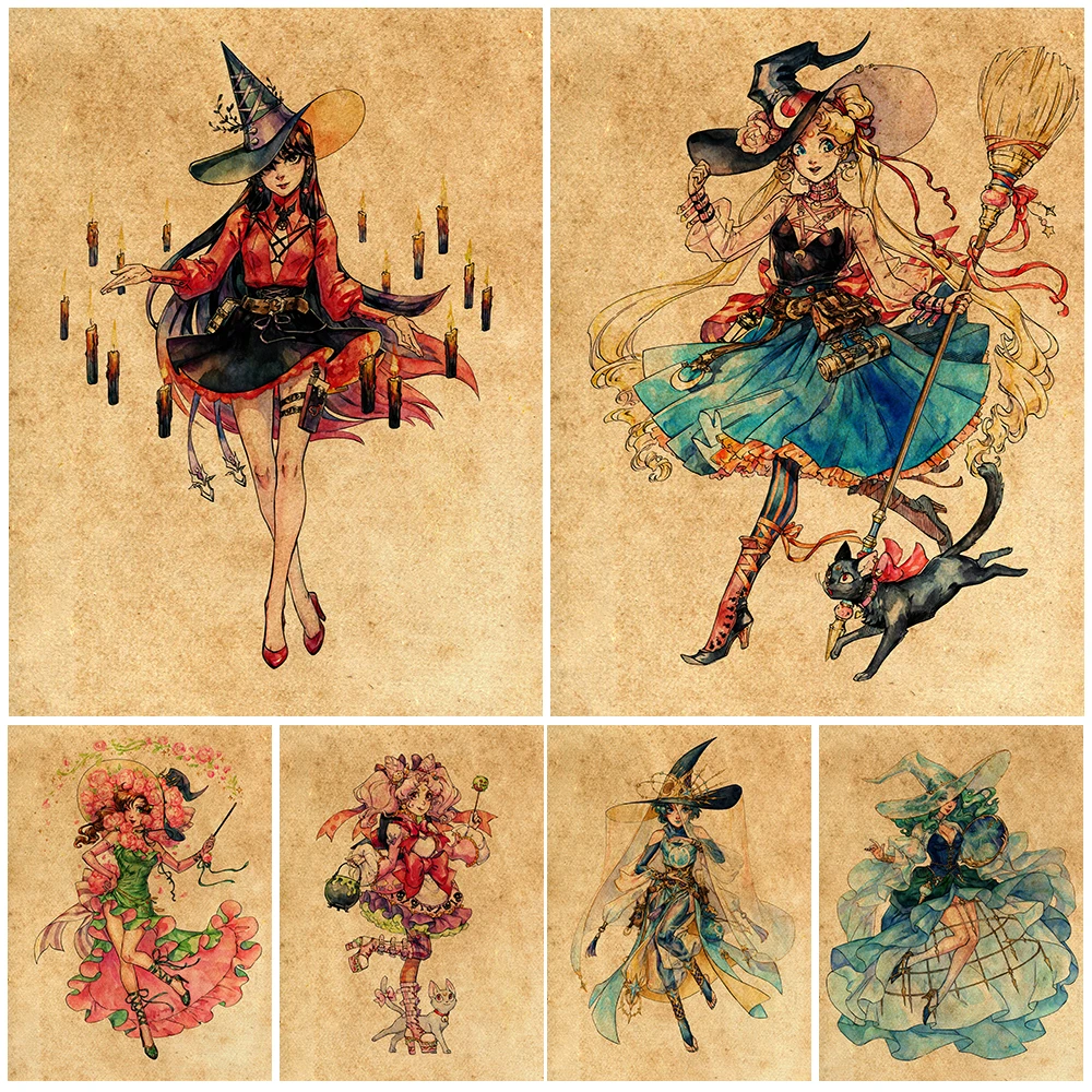 Beautiful Lolita Little Witch Wall Art Canvas Painting Constellation Witch Rise Poster And Prints For Living Room Decor Unframed
