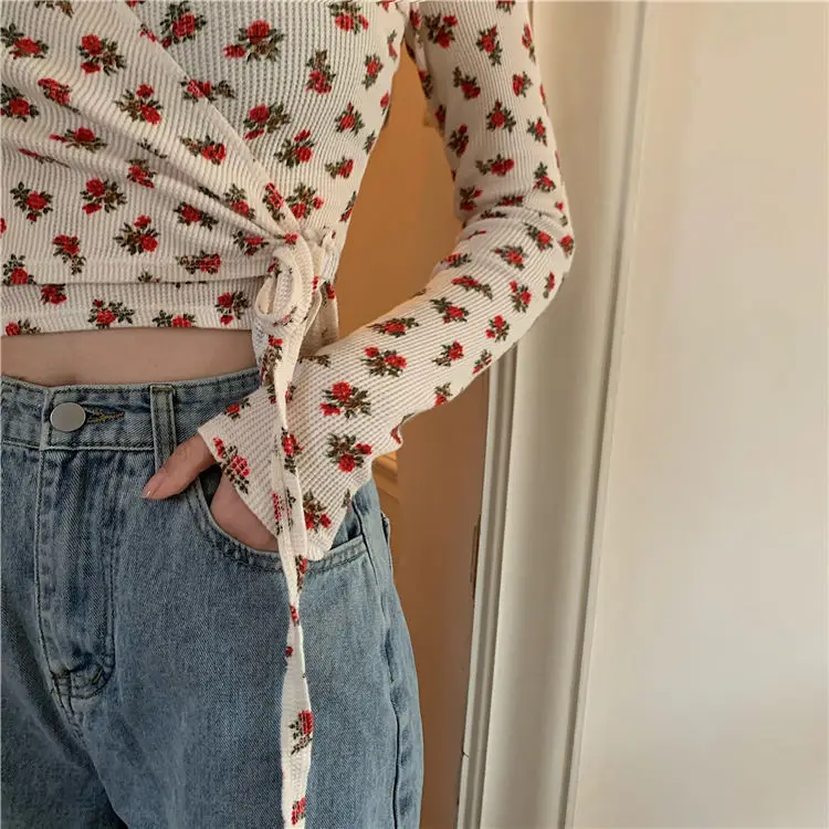 Floral T-shirts Women Spring Trendy Retro Long Sleeve Basic Soft All-match Elegant Ladies Clothing  Ulzzang College Tops