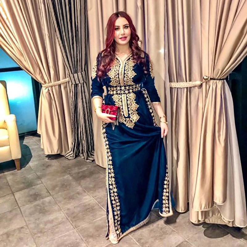 Smileven Morocco Caftan Evening Dresses Side Split Mermaid Prom Dress Velvet Long Sleeve Formal Evening Party Dress