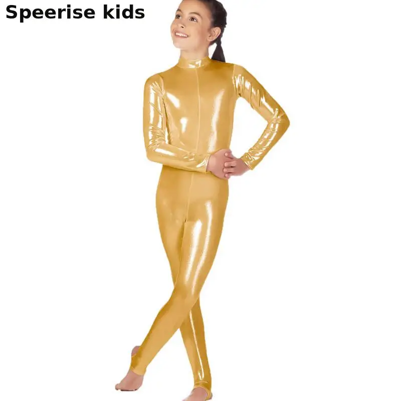 Speerise Kids Shiny Spandex Bodysuit Stirrup Second Skin Metallic Nylon Catsuit Zentai Unitard Long Sleeve Gymnastics Sportswear