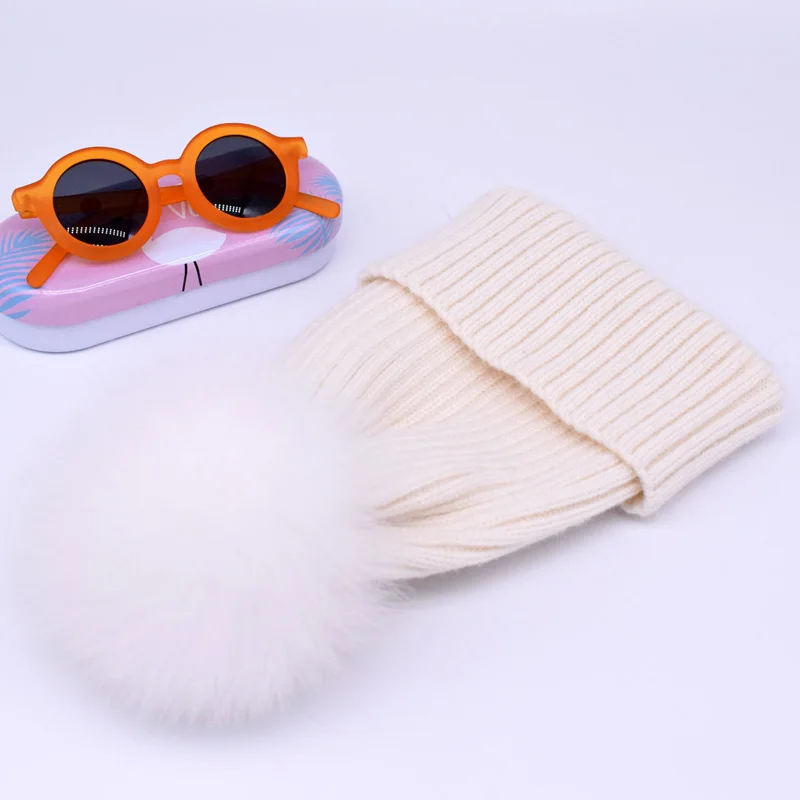 Winter spring wool Hat Knitted Skullies Casual Women hat Natural fox Fur Pompom Hats