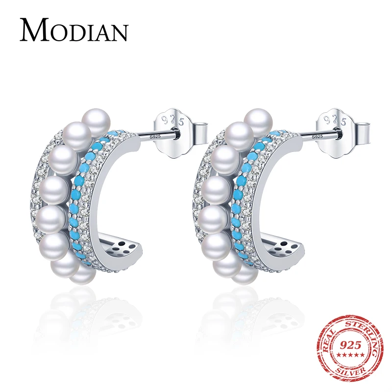 Modian Luxury Turquoise Ear Studs Real 925 Sterling Silver Pearl Charm Female Sparkling Stud Earrings For Women Brand Jewelry