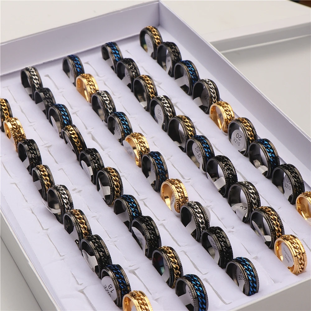 20pcs/lot Cool Chain Stainless Steel Rings Finger Ring For Women Men Jewelry Party Gifts Mix Color Wholesale