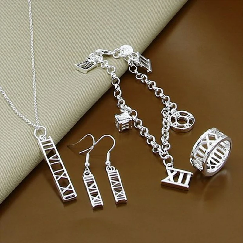 New 925 Sterling Silver Roman Numeral Earrings Bracelet Necklace Set Ring Woman Engagement Party Wedding Fashion Jewelry