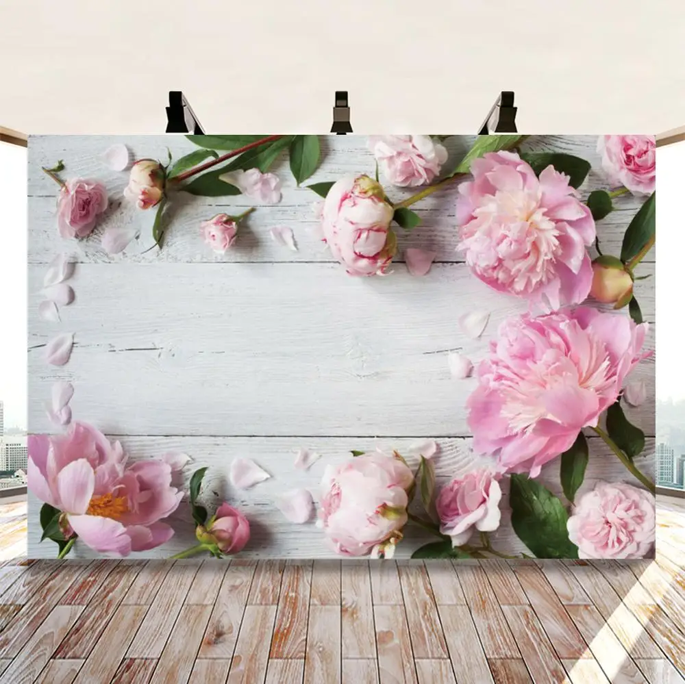 อีสเตอร์ฤดูใบไม้ผลิดอกไม้สีชมพูสีขาวไม้กระดานทารกแรกเกิดวันเกิดการถ่ายภาพฉากหลังพื้นหลังไวนิลPhotophone Photocall Prop