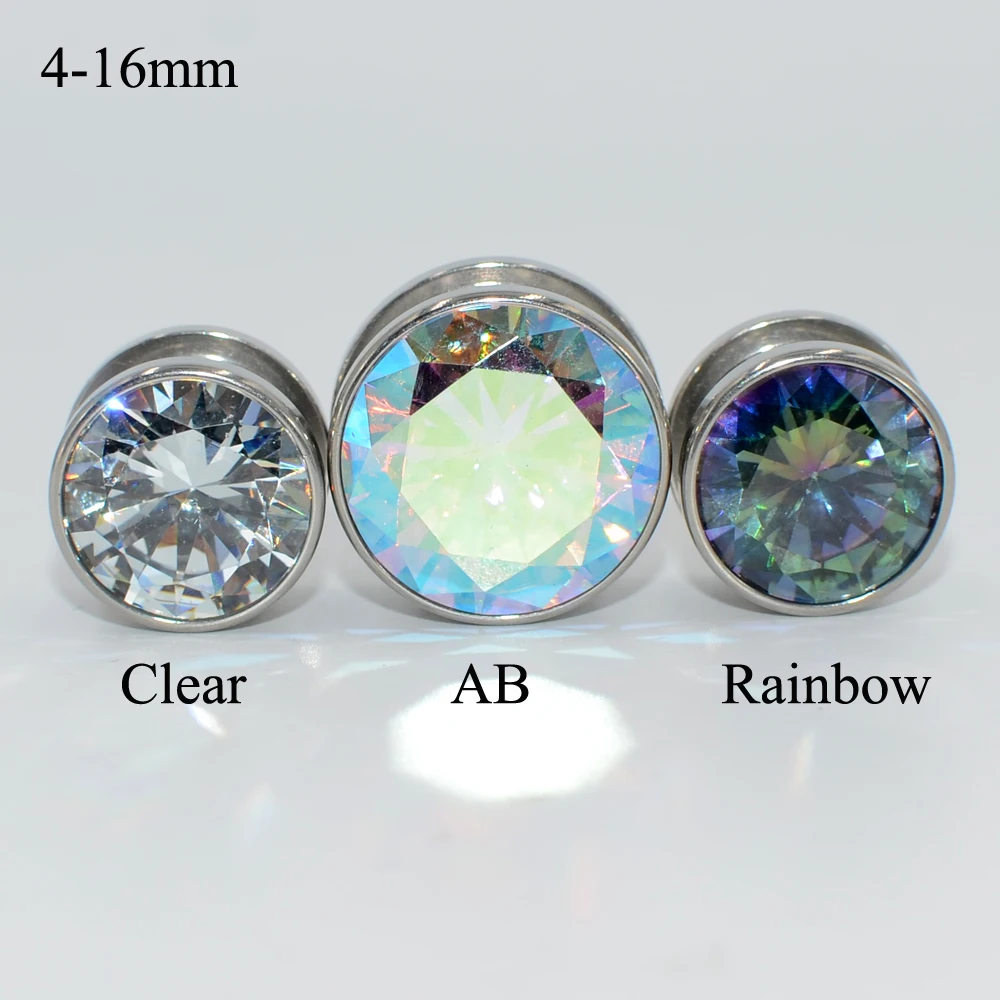 PAIR Stainless Steel  Zircon Crystal Ear Plugs Tunnels Gauges Screw Fit  Grind Arenaceous Piercing Expander Strecther Earring