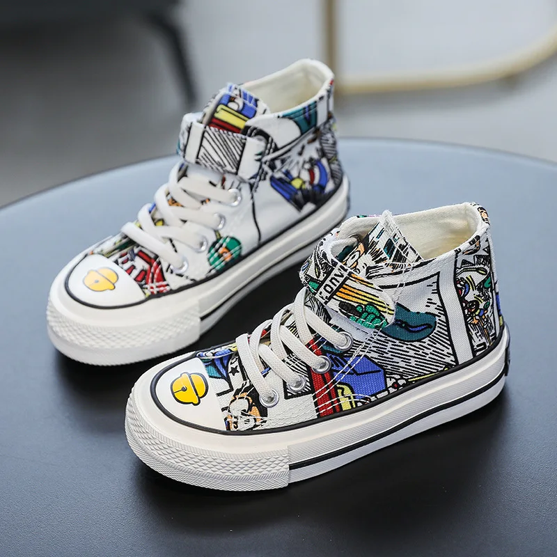 Children\'s high-top canvas shoes graffiti 2021 new spring and autumn girls shoes boys baby shoes Non-slip sneakers