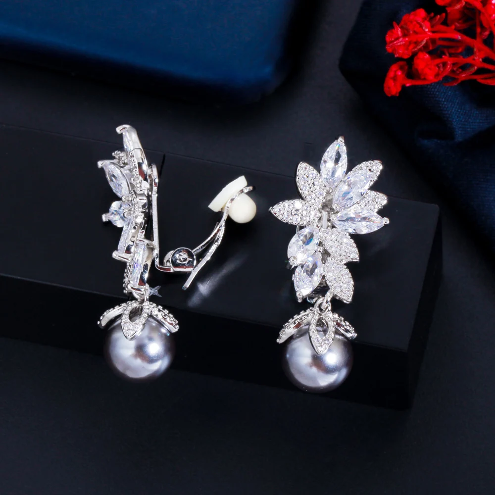 

CWWZircons No Hole Design Cubic Zirconia Long Flower Gray Pearl Clip On Women Wedding Party Earrings without Piercing CZ898