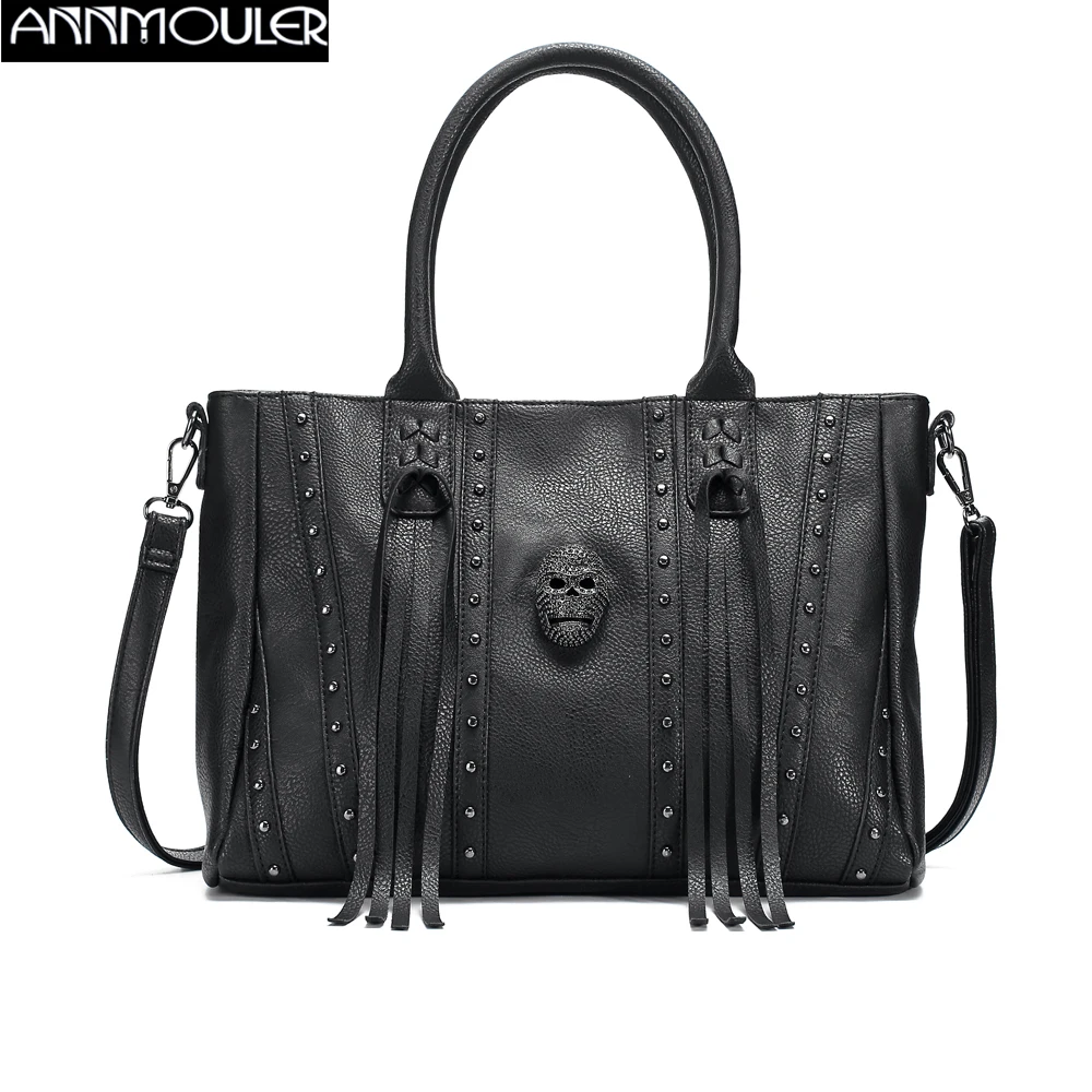 Annmouler Luxury Women's Bag 2021 Female Tote Bags Skeleton Purses Punk Style Brand Designer Handbag Shopper with Tassel Bolsas