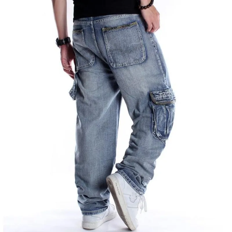 Baggy Style Men\'s Jeans HipHop Loose Big Pocket Boys Skateboard Rap Punk Distressed Blue Cowboy Trousers Plus Size 46