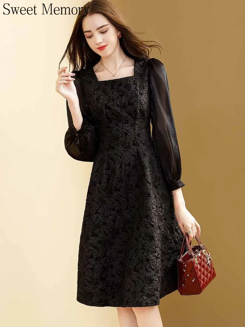 N1180 Sweet Memory Black Jacquard Cocktail Dress 2022 Spring Autumn Winter Girl Square Collar Vintage Prom Dresses