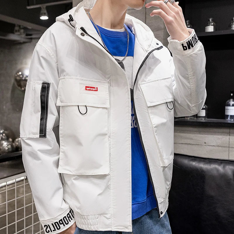 Hooded Jacket Men Casual Vintage Hip Hop Steetwear Coat Pocket Korean Fashion Windbreaker Youth White Black Autumn 2022