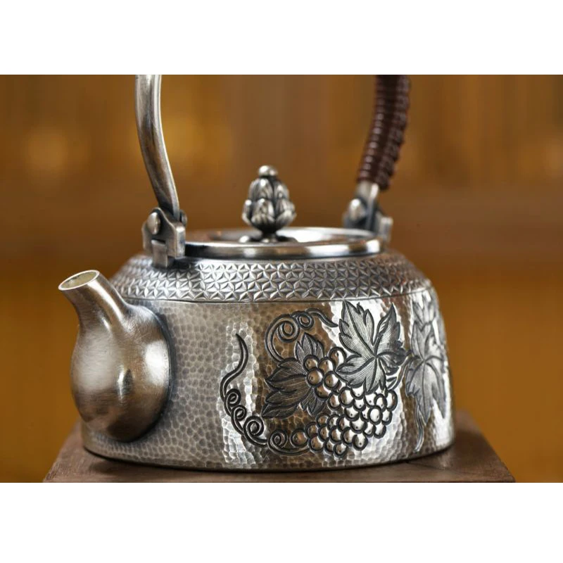 Silver pot 999 sterling silver handmade tea set Japanese retro teapot kettle home tea ceremony Kungfu tea set 350ml