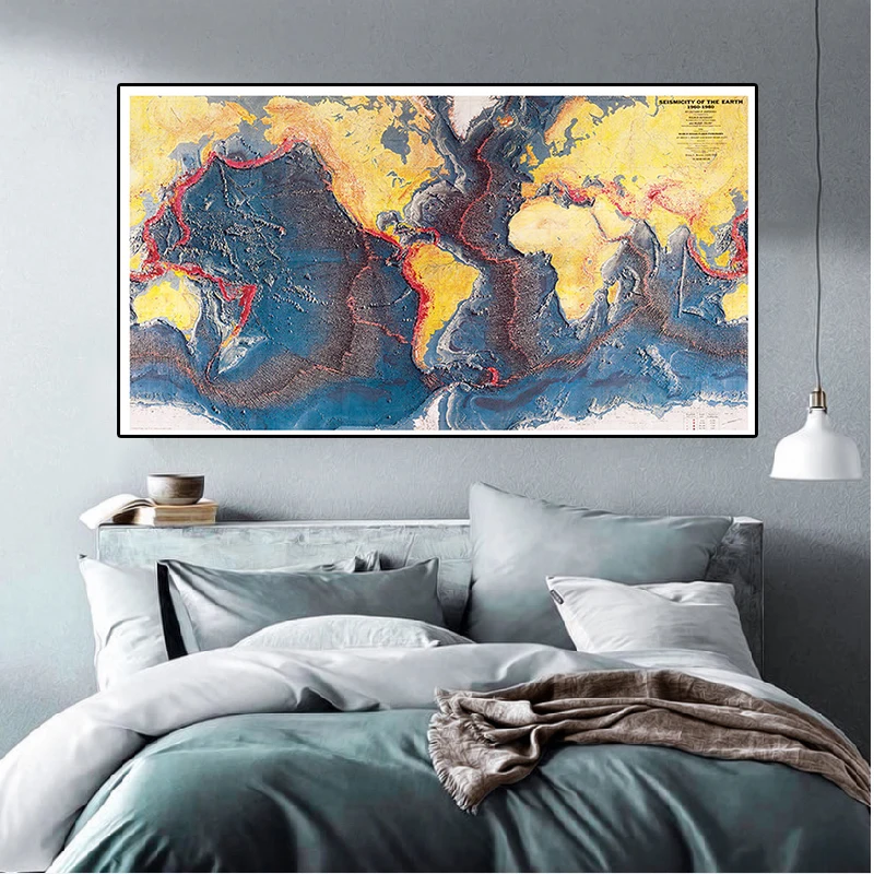 Imagem -02 - Mapa do Mundo Sismicidade da Terra Oceano Piso Panorama para Pesquisa Material Escolar Sala de Estar Decoração para Casa 225*150cm 19601980