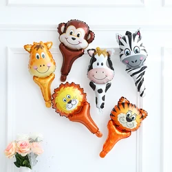 10Pcs Handheld Jungle Animal Foil Balloons Tiger Lion Monkey Cheer Stick Balloon Safari Party Kids Toys Birthday Party Decors