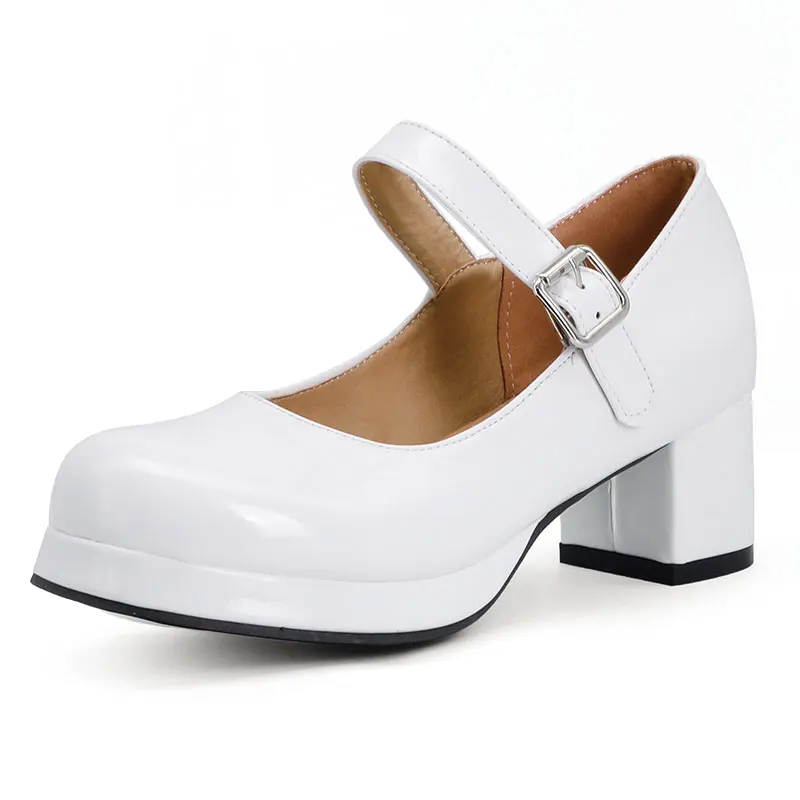 Sgesvier 2021 Spring Women Buckle Comfortable Platform Thick High Heel Pumps Fashion Sweet Dress Shoes Yellow White Red Size 48