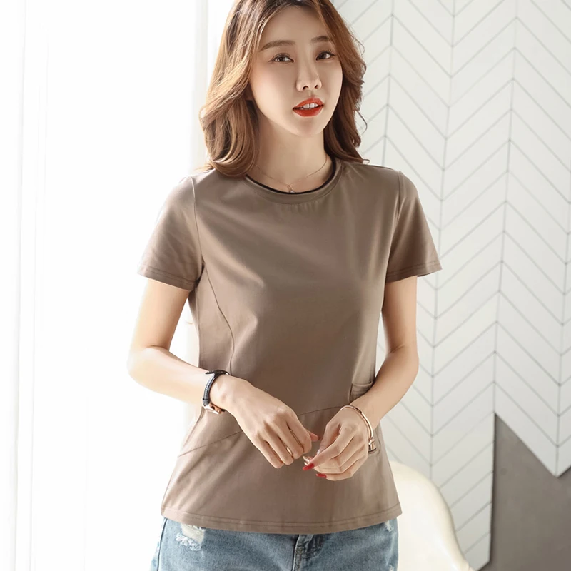 Embroidered Pocket T Shirt Women Short Sleeve Summer Tops 2022 Korean Style Loose Cotton Tshirt Casual Womens Clothes Tee Shirt