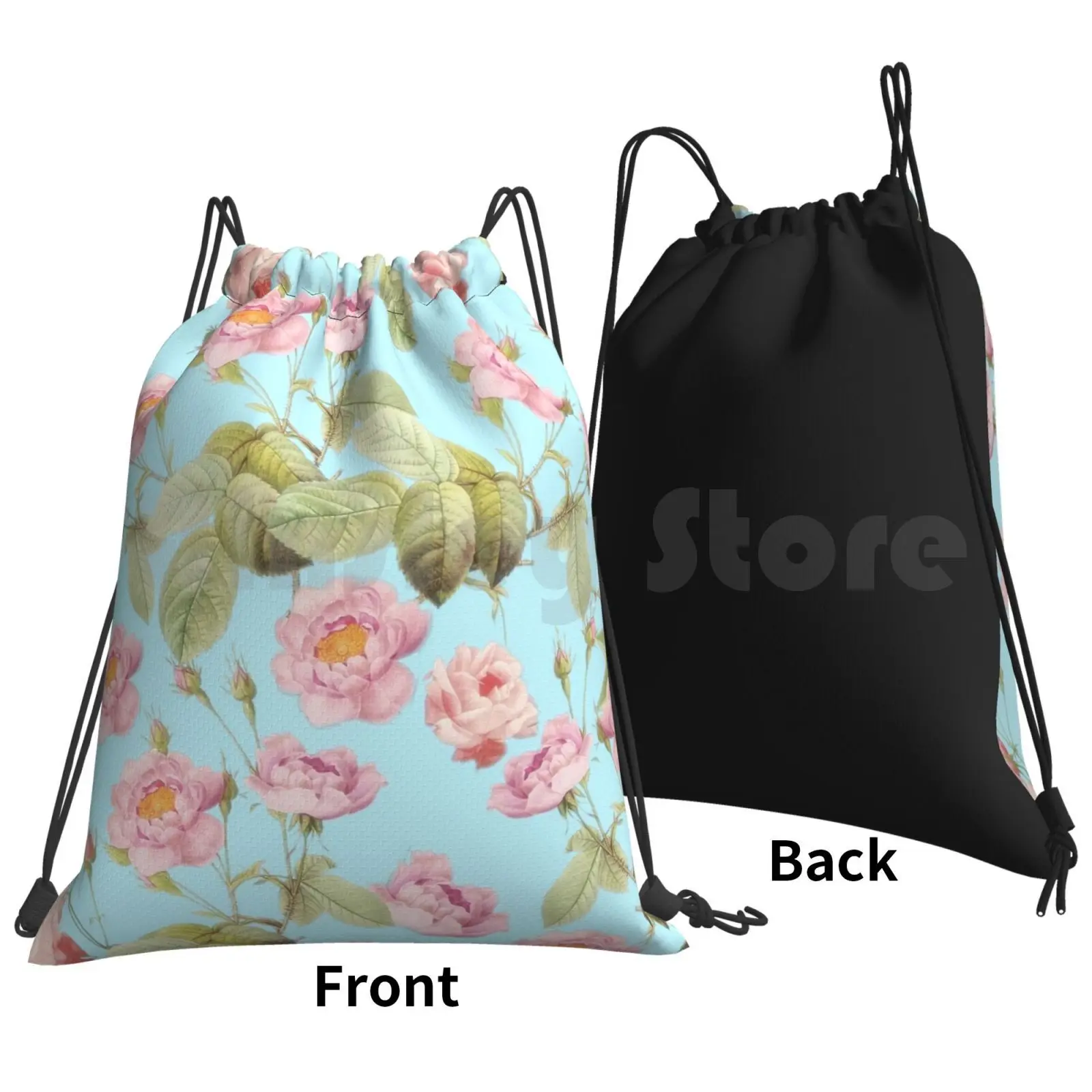 Old Vintage Roses On Teal Pattern Backpack Drawstring Bag Riding Climbing Gym Bag Blossom Spring Flower Pink Nature Season