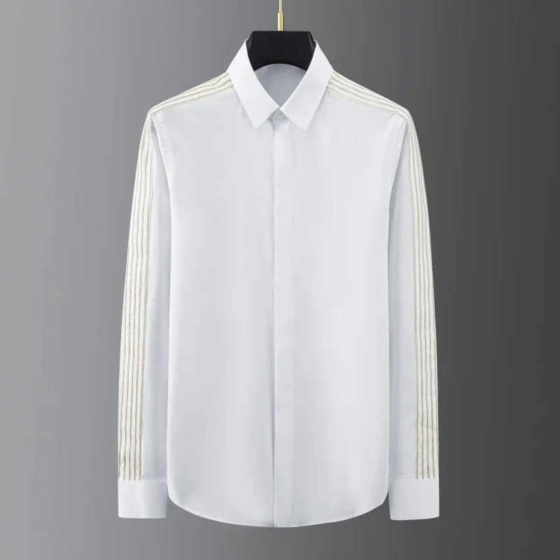 Casual Business Shirt Mens Lapel Single-Breasted Solid Cotton Tops Gold Chain Embroidery Long-Sleeve Four Seasons Fit Shirts